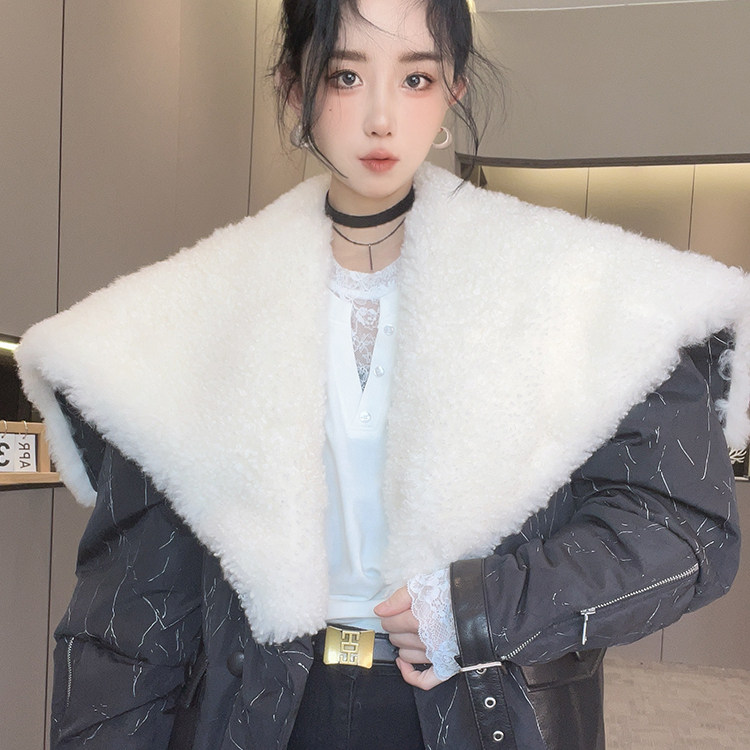 拼皮鹅绒羽绒服女2025秋冬新款欧洲站羊毛毛领保暖外套长袖上衣