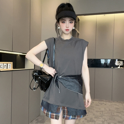 连衣裙女2025夏季新款设计感腰封收腰显瘦短裙格子拼接下摆裙子