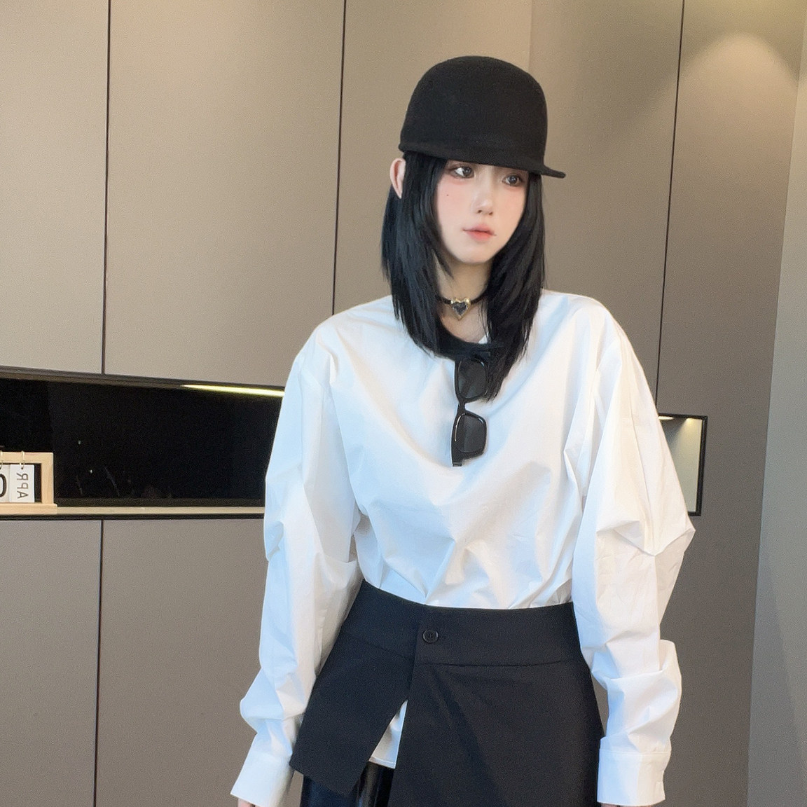 圆领套头褶皱长袖衬衫纯色腰封时尚上衣套装两件套女2026早秋新款
