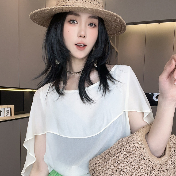 T恤女2026夏季新款欧洲站设计感纯色简约蕾丝钩花露背披肩上衣
