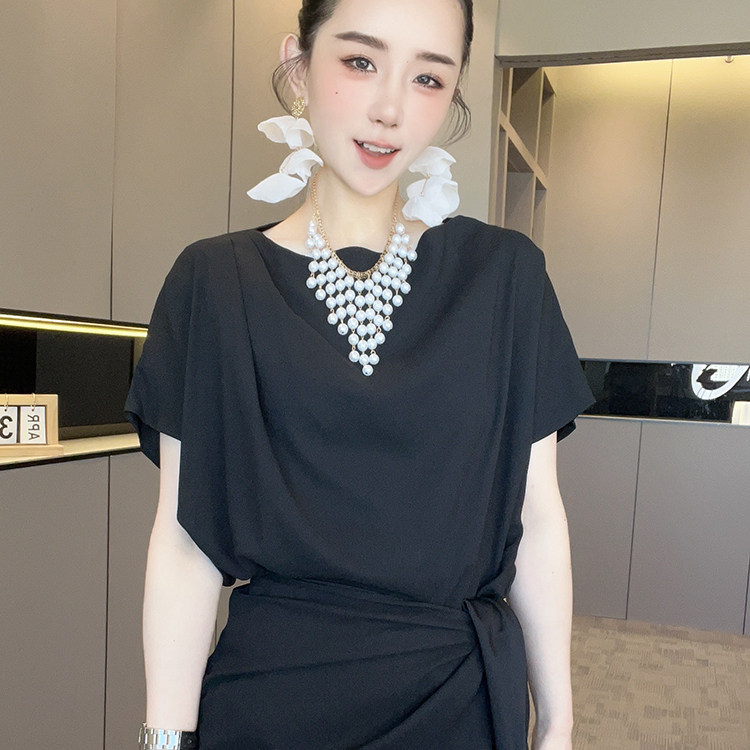 短袖连衣裙女2026夏季新款欧洲站法式纯色侧系带收腰长裙高腰裙子
