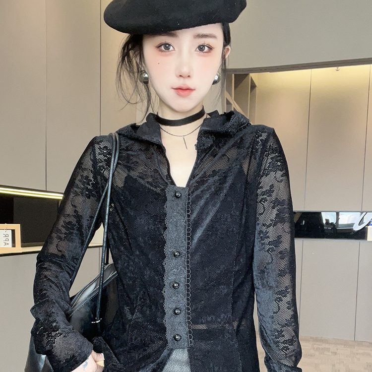 长袖蕾丝衫女2025秋季新款欧洲站纯色蕾丝钩花连帽小衫单排扣上衣
