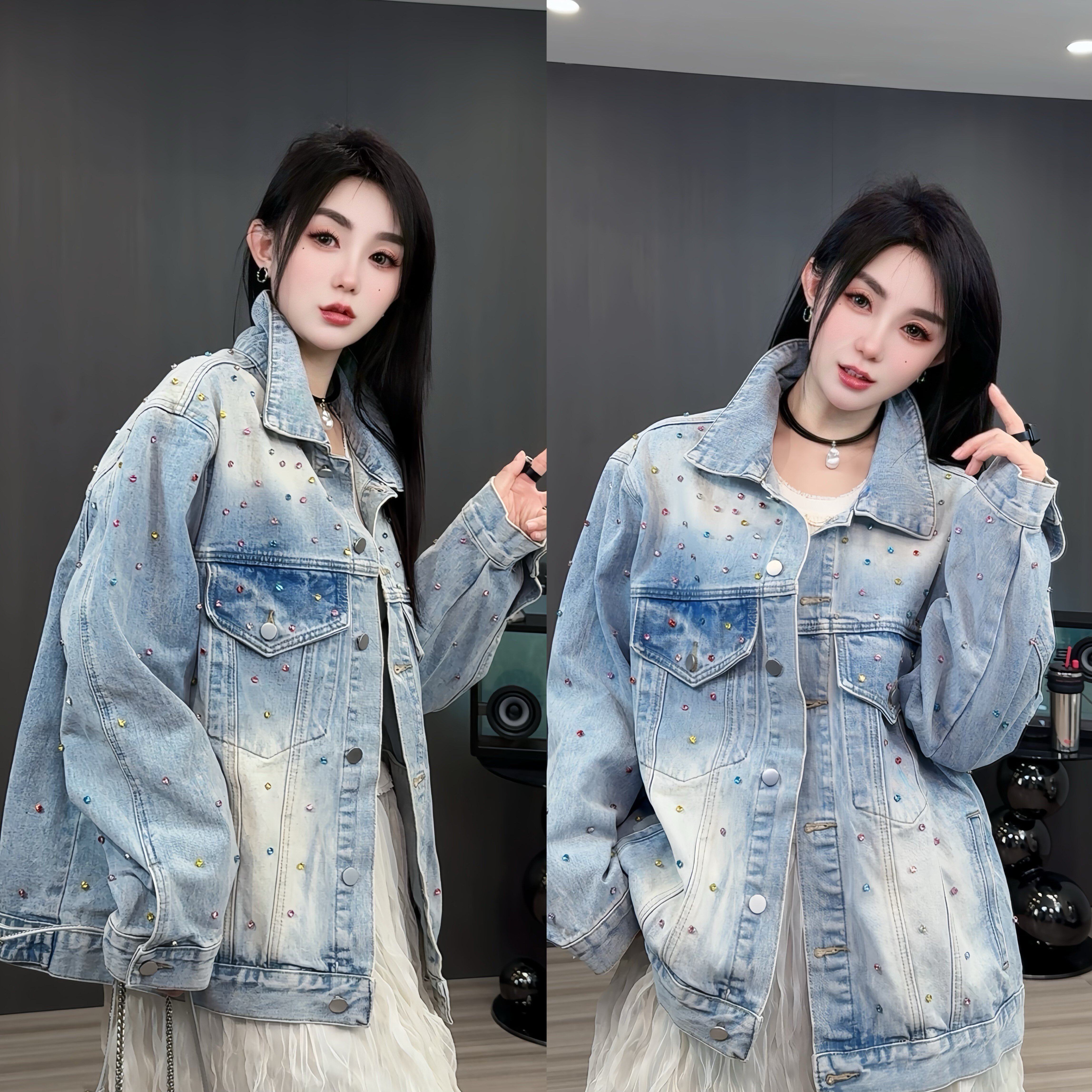 彩色重工亮钻翻领牛仔外套女2024秋季新款设计感单排扣长袖上衣