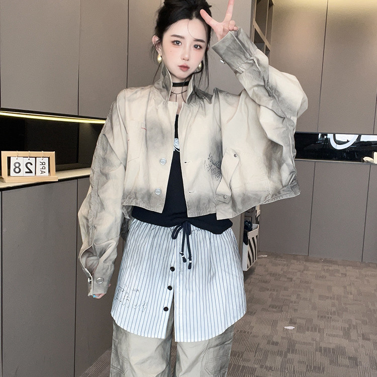 短款长袖外套条纹拼接裙裤长裤做旧工装套装两件套女2026春季新款
