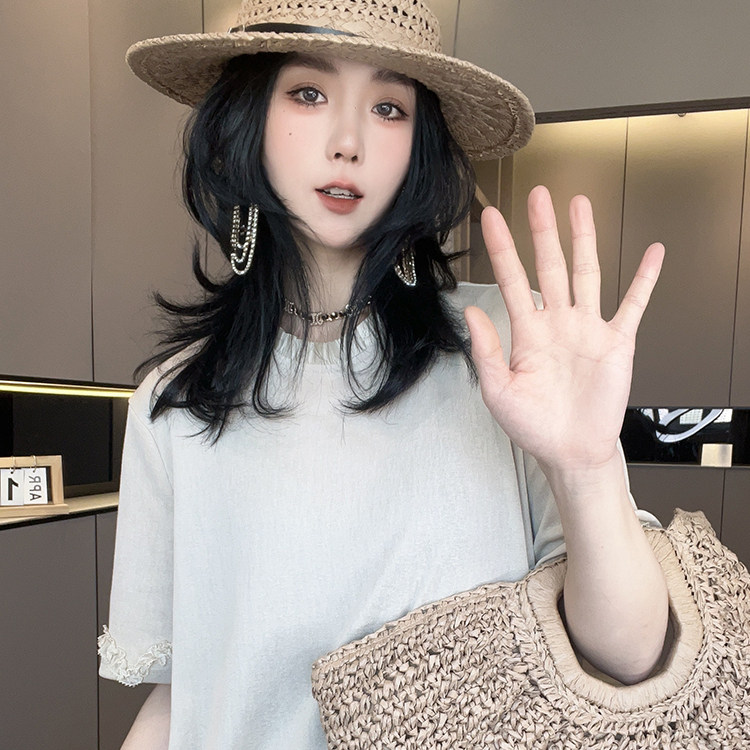 木耳边拼接短袖T恤高腰直筒长裤纯色套装两件套女2026夏季新款