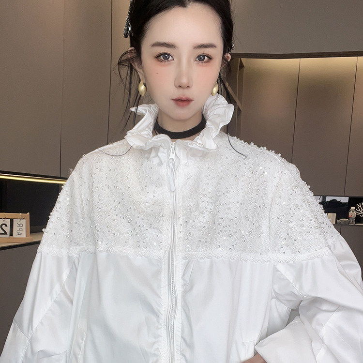 防晒外套女2026春季新款蕾丝拼接重工钉珠防晒衣纯色拉链长袖上衣