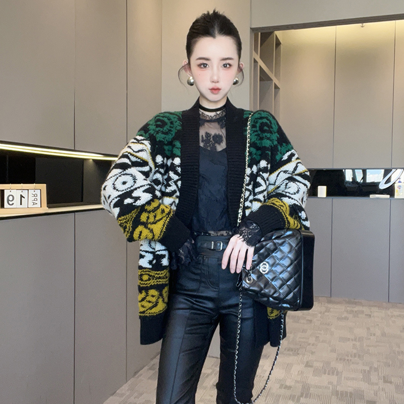 羊毛开衫毛衣女2025秋季新款宽松减龄撞色拼接中长款宽松长袖上衣