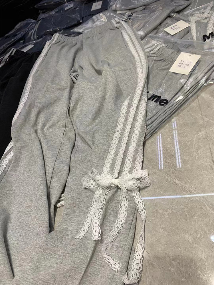 RR fshion 2024夏季新款欧洲站卫裤女法式拼接蕾丝条纹高腰直筒裤,女装/女士精品,休闲裤,淘宝优惠券,粉丝福利购,淘宝优惠卷