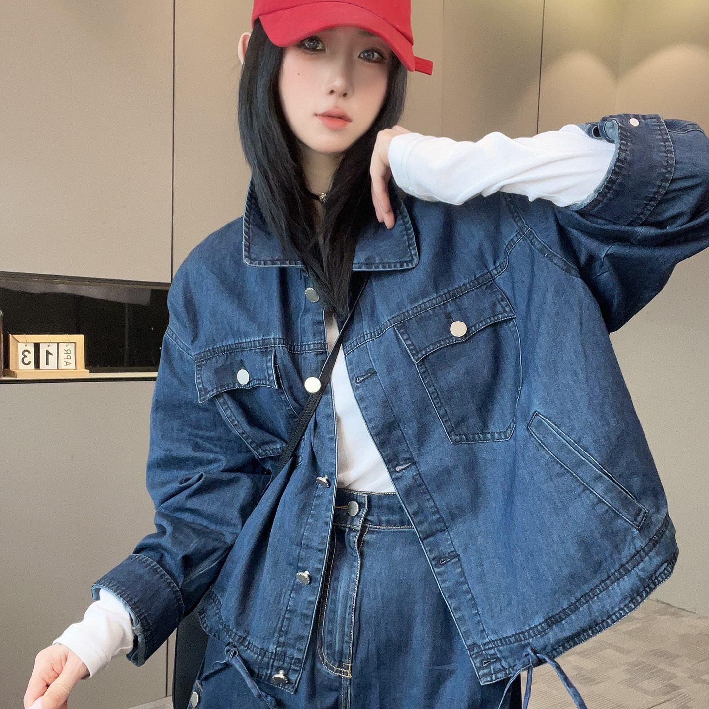 翻领单排扣牛仔外套高腰阔腿短裤牛仔套装两件套女2026秋季新款