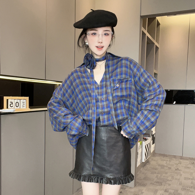 长袖格子衬衫女2025秋季新款欧洲站设计感花朵领带翻领单排扣上衣
