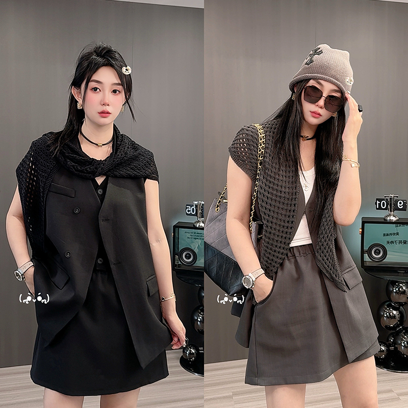 披肩单排扣无袖马甲高腰半身裙短裙纯色套装三件套女2025秋季新款