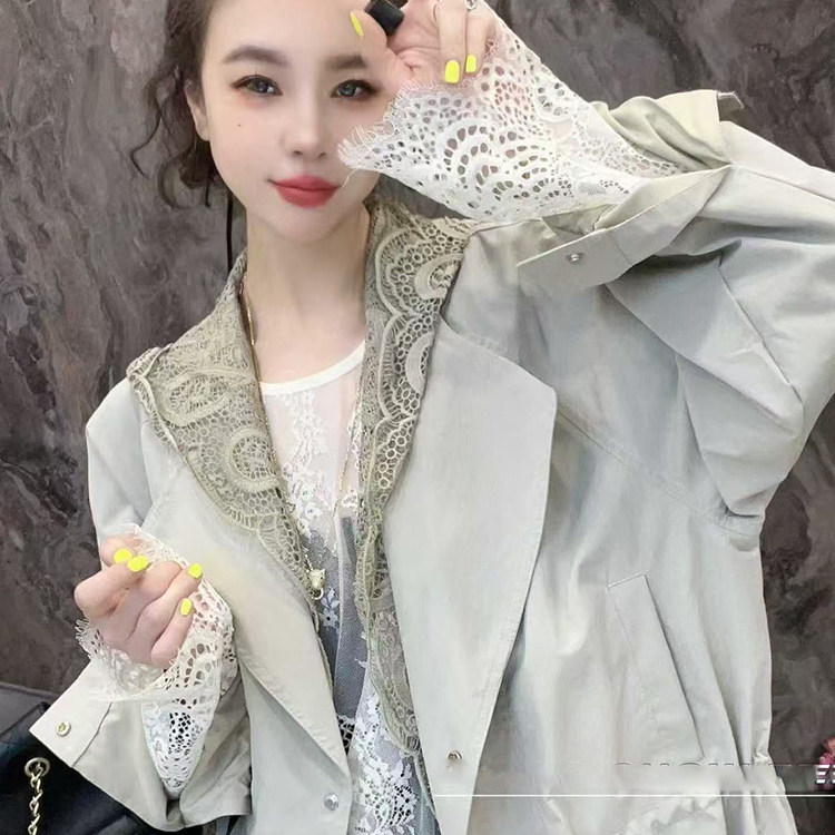 外套女2026春季新款欧洲站宽松纯色蕾丝钩花镂空拼接连帽长袖上衣