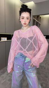 fashion 针织镂空衫 女2024夏季 纯色上衣 新款 设计感圆领小衫