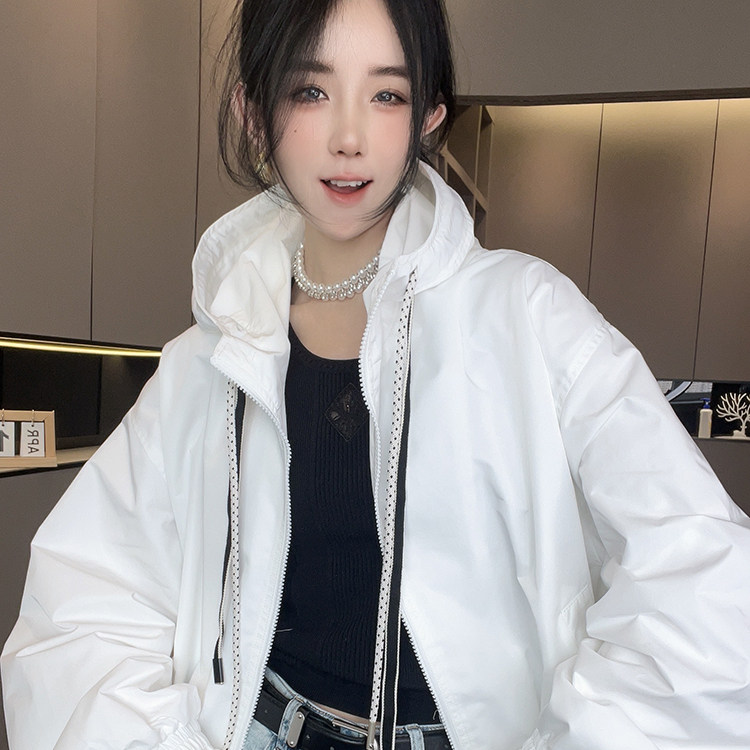 外套女2026春季新款欧洲站设计感宽松纯色抽绳连帽拉链长袖上衣