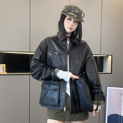 皮衣女2026秋季新款纯色绵羊皮外套中长款皮夹克翻领长袖拉链上衣