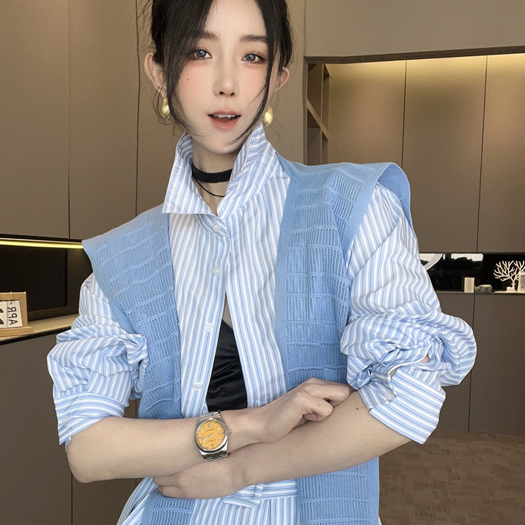 披肩条纹连衣裙女2026春季新款学院风收腰显瘦百褶裙长袖高腰裙子