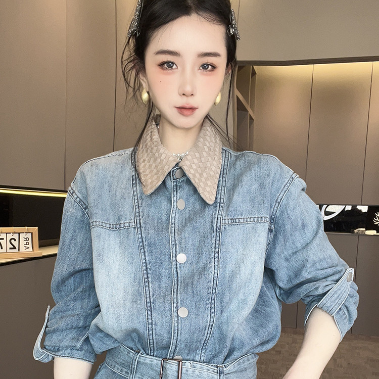 牛仔连衣裙女2026春季新款欧洲站腰带收腰短裙翻领长袖高腰裙子
