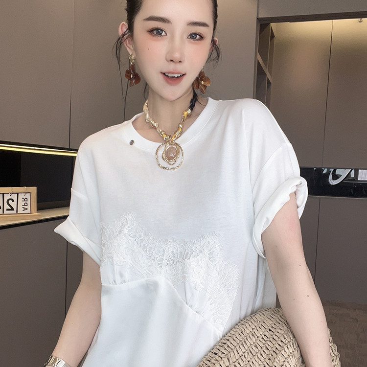 短袖T恤女2026夏季新款纯色蕾丝钩花拼接打底衫中长款圆领上衣