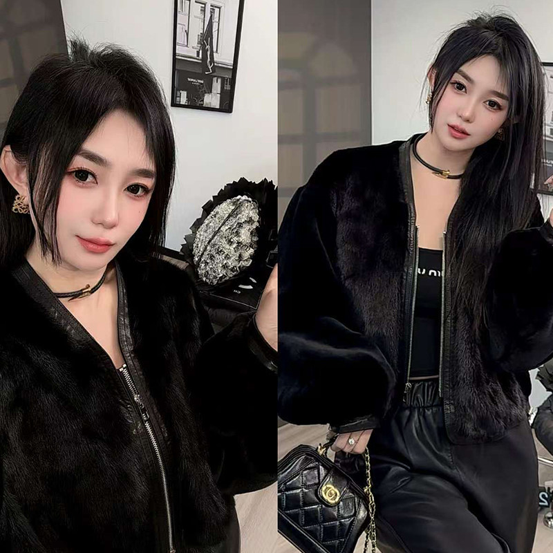 貂毛皮毛一体女2026春季新款欧洲站感纯色拉链外套长袖上衣