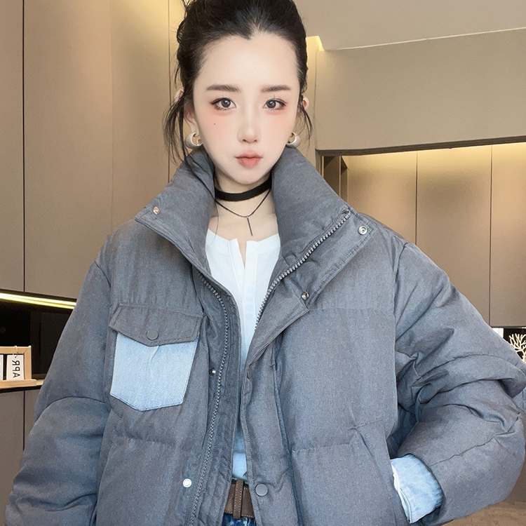 羽绒服女2025秋冬新款撞色拼接牛仔口袋面包服立领外套长袖上衣