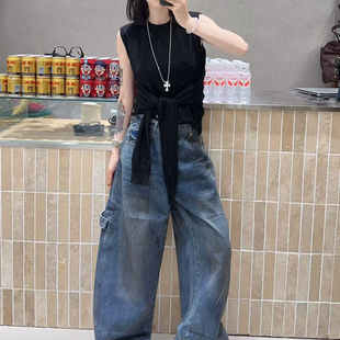 时尚 韩版 百搭高腰显瘦牛仔裤 女宽松脏脏裤 潮 2026春季 阔腿长裤 新款
