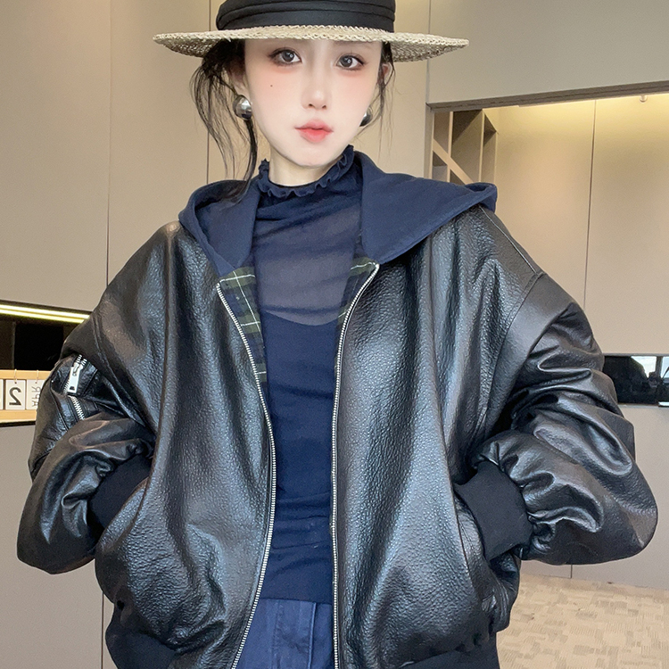 皮衣女2025秋季新款宽松百搭纯色绵羊皮真皮外套拉链连帽长袖上衣
