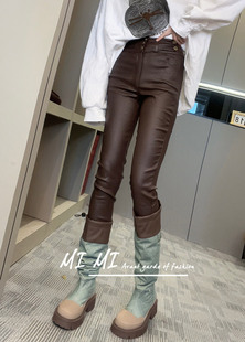 美式高腰垂感直筒小脚PU皮裤紧身哈伦裤女2023秋季新款欧洲站女装