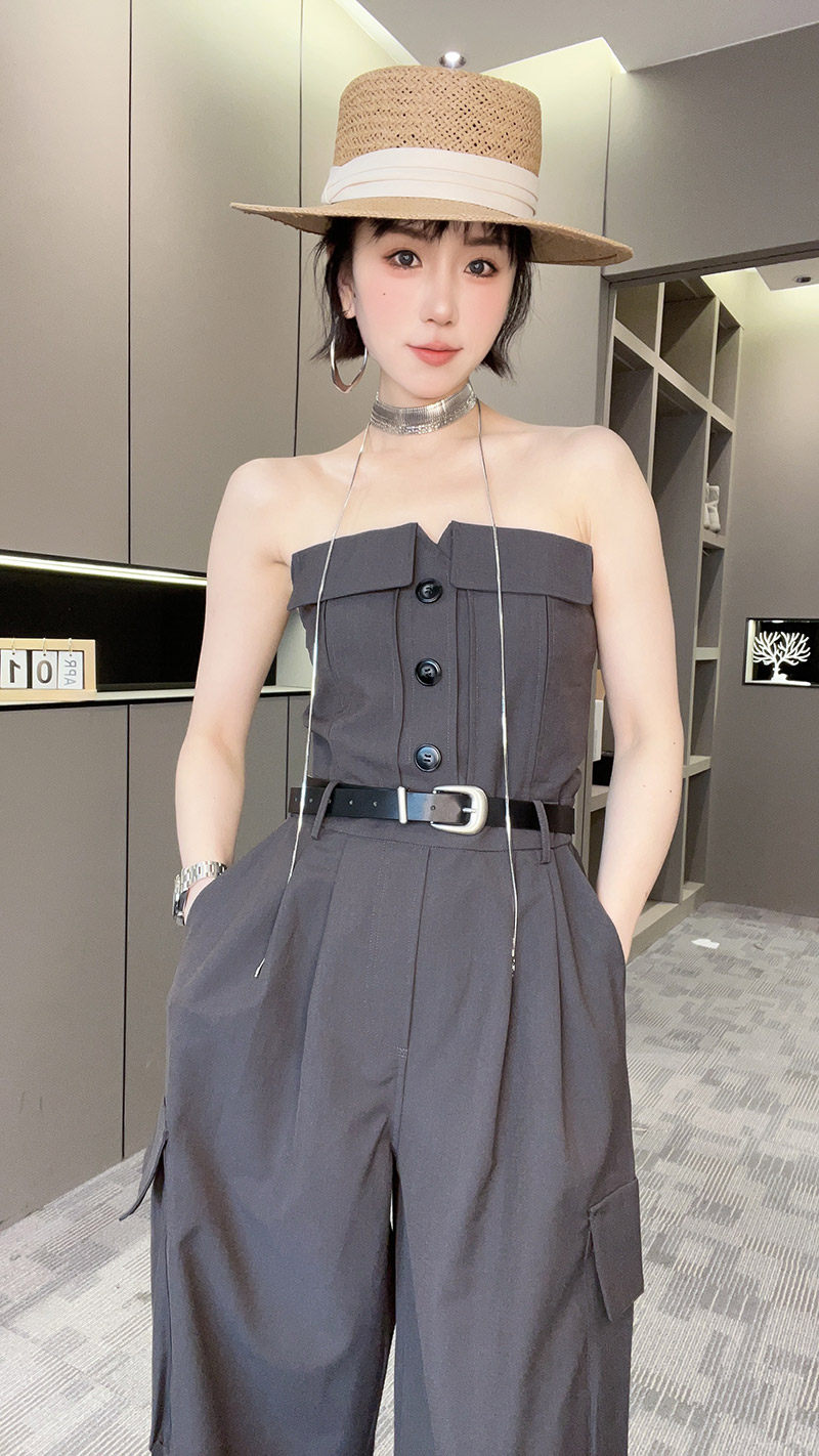工装连体裤女2025夏季新款法式抹胸式排扣收腰连衣裤气质纯色长裤
