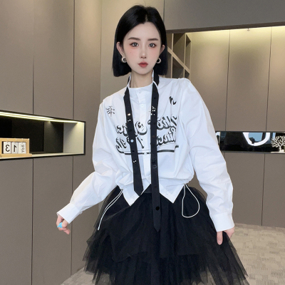 长袖衬衫2026春季新款女装欧洲站设计感撞色拼接字母领带单排扣