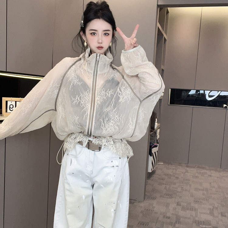 蕾丝防晒外套女2026春季新款拼接蕾丝钩花防晒衣立领拉链长袖上衣