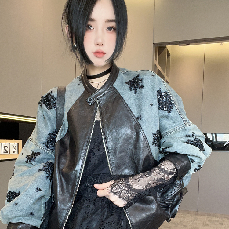 拼皮牛仔外套女2025秋季新款宽松百搭撞色拼接牛仔服时尚长袖上衣