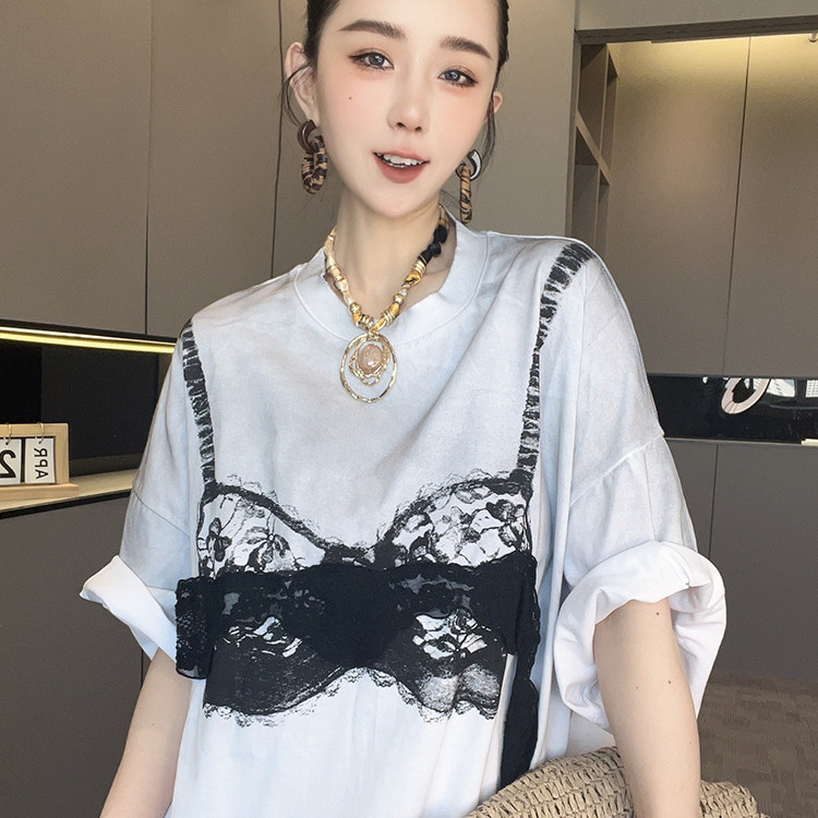 短袖T恤女2026夏季新款宽松撞色拼接蕾丝钩花中长款圆领半袖上衣