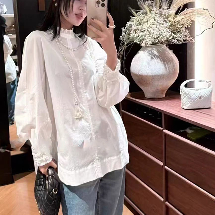 衬衫女2025秋季新款欧洲站设计师款纯色拼接木耳边衬衣长袖上衣