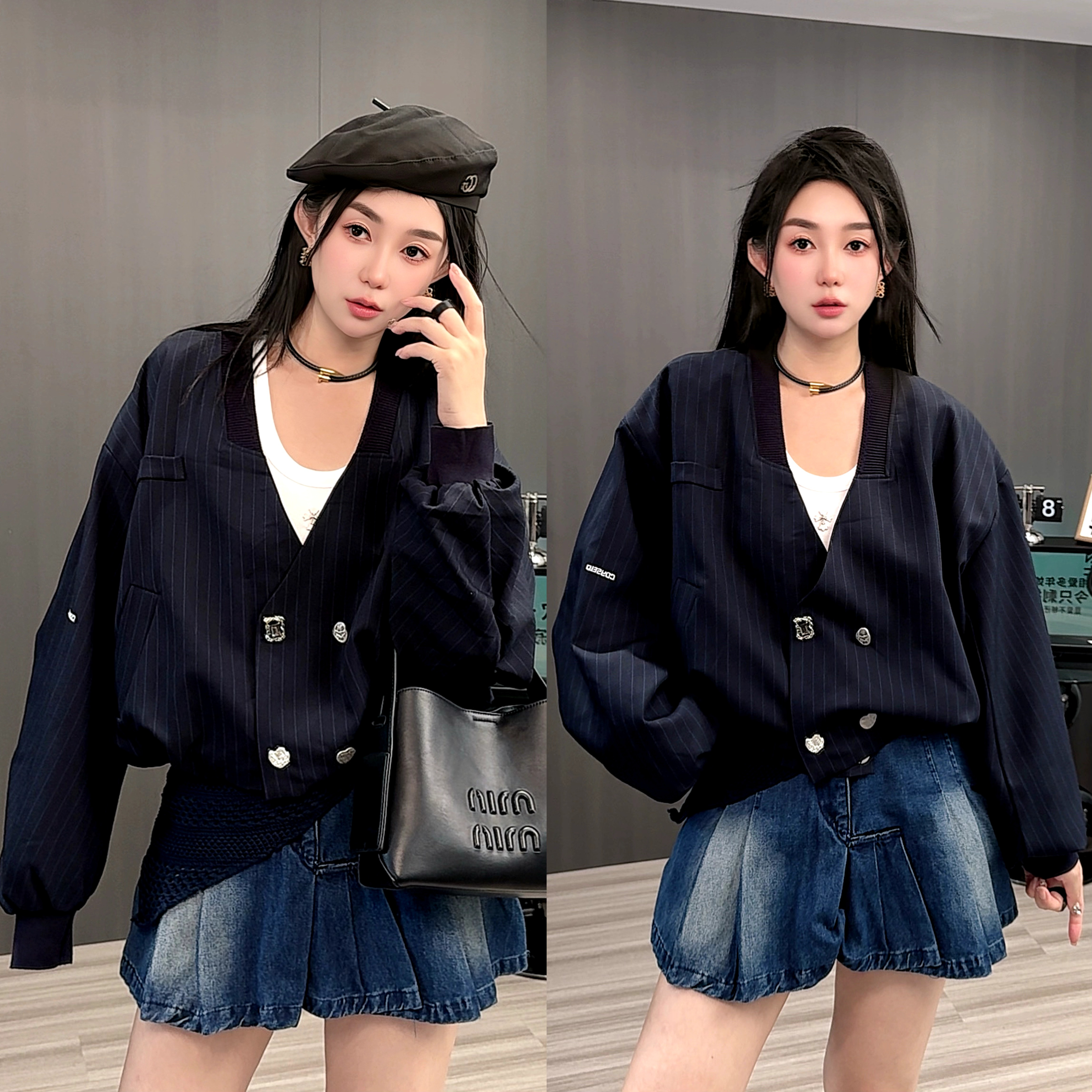 外套女2025秋季新款欧洲站女装宽松条纹西服V领双排扣长袖上衣