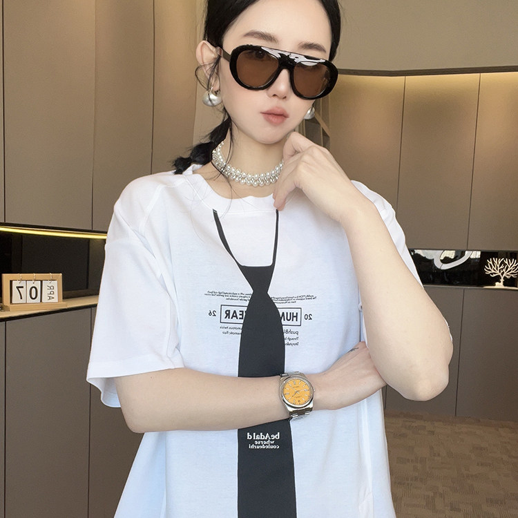 短袖T恤女2026春季新款撞色拼接领带字母印花打底衫圆领半袖上衣