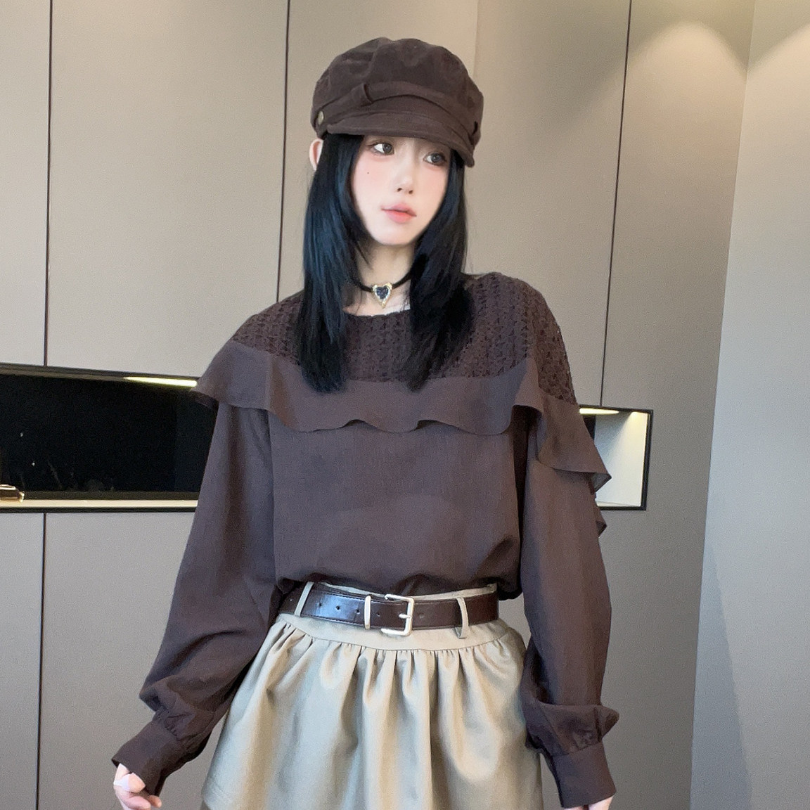 衬衫女2026秋季新款欧洲站纯色针织拼接荷叶边衬衣圆领长袖上衣