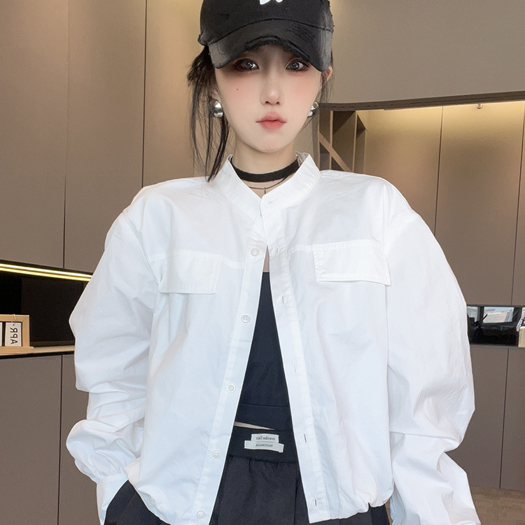 长袖衬衫女2025秋季新款欧洲站设计感纯色褶皱立领衬衣单排扣上衣