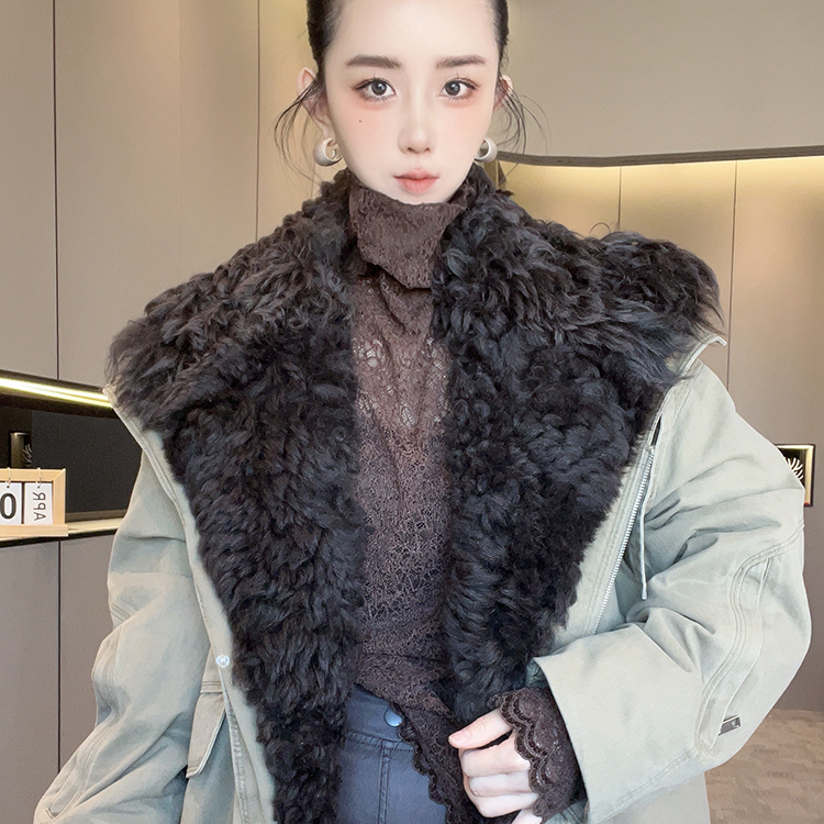 羊羔毛领派克鹅绒羽绒服女2025冬季新款翻领派克服外套长袖上衣