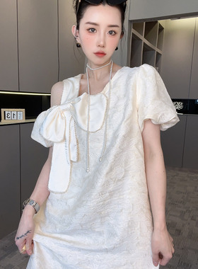 RR fashion 连衣裙女2025夏季新款重工刺绣暗花拼接蝴蝶结裙子