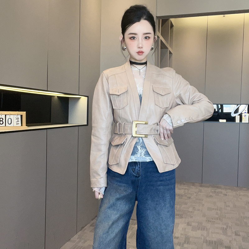 【现货】皮衣女2025秋季新款纯色腰带收腰绵羊皮真皮外套长袖上衣