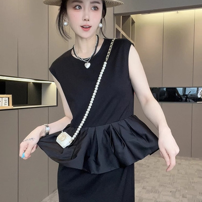 无袖条纹连衣裙女2025夏季新款荷叶边拼接圆领长裙修身显瘦裙子