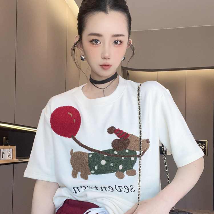 短袖T恤女2025冬季新款欧洲站撞色气球小狗字母打底衫圆领上衣