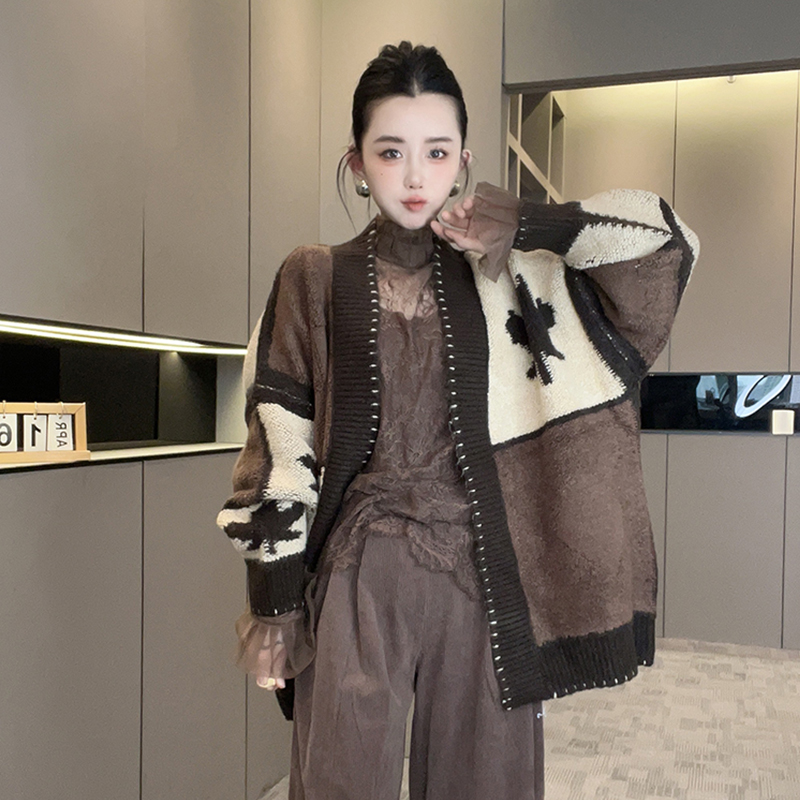 羊毛开衫毛衣女2025秋季新款欧洲站撞色拼接中长款宽松长袖上衣