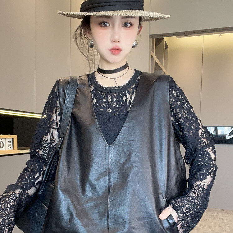 皮马甲女2025秋季新款欧洲站设计感时尚百搭纯色V领真皮无袖上衣