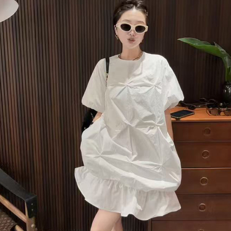 短袖连衣裙女2026夏季新款欧洲站简约纯色褶皱T恤裙圆领半袖裙子