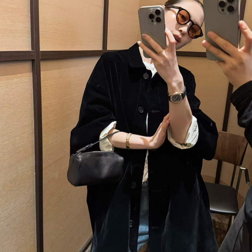 丝绒外套女2026秋季新款欧洲站设计感中长款纯色单排扣长袖上衣