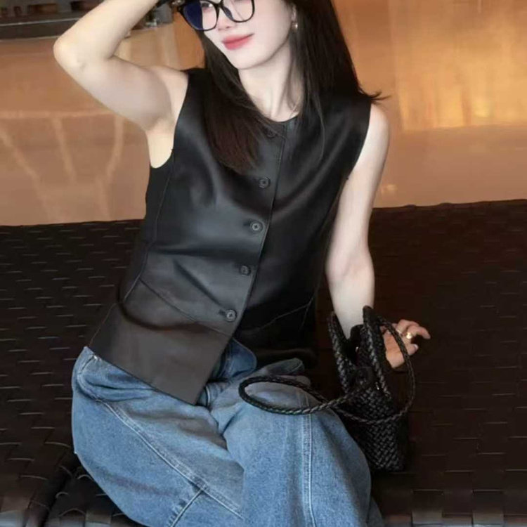 马甲女真皮背心外套2025早秋新款圆领百搭绵羊皮马夹无袖坎袖上衣
