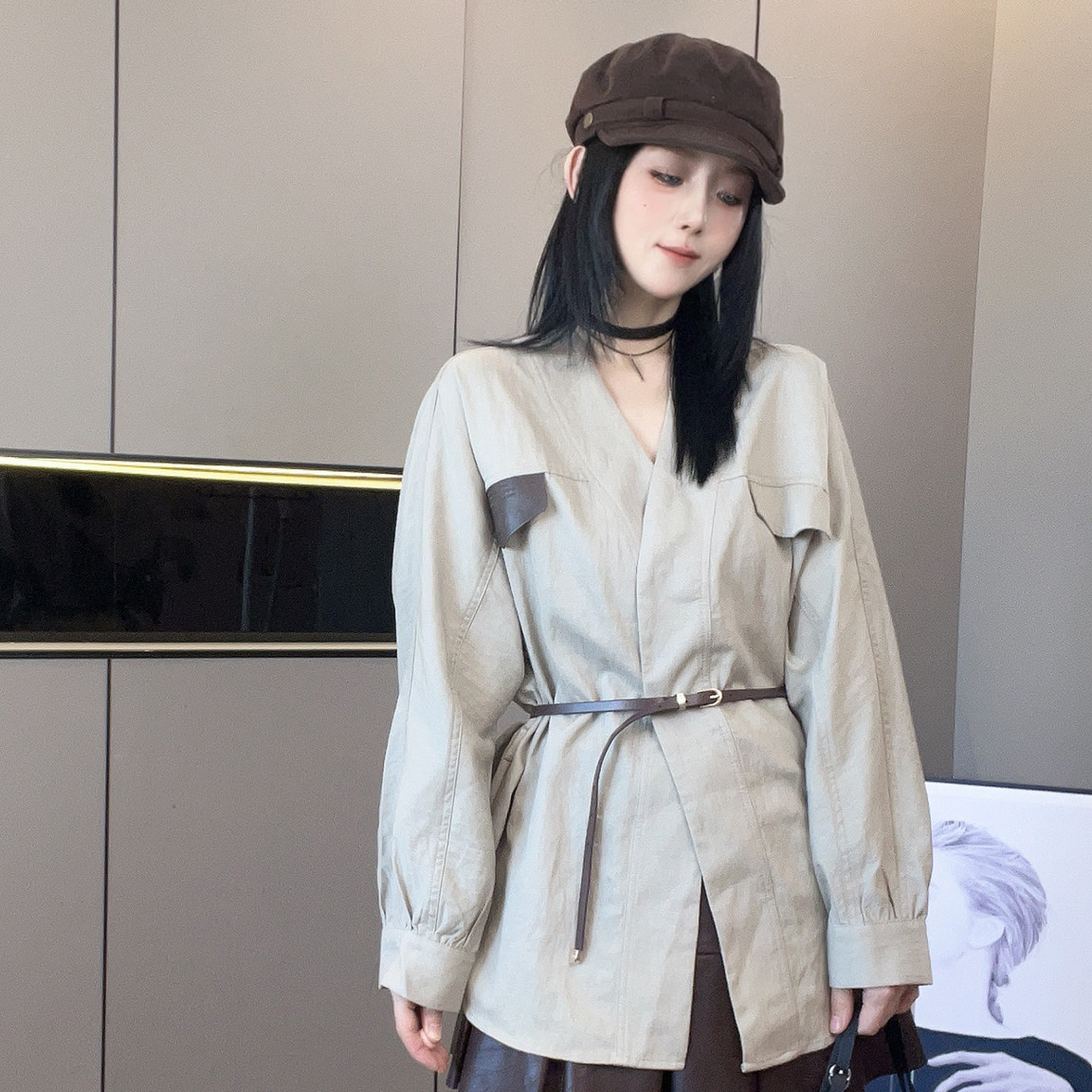 外套女2026秋季新款欧洲站韩式慵懒风中长款腰带收腰纯色长袖上衣