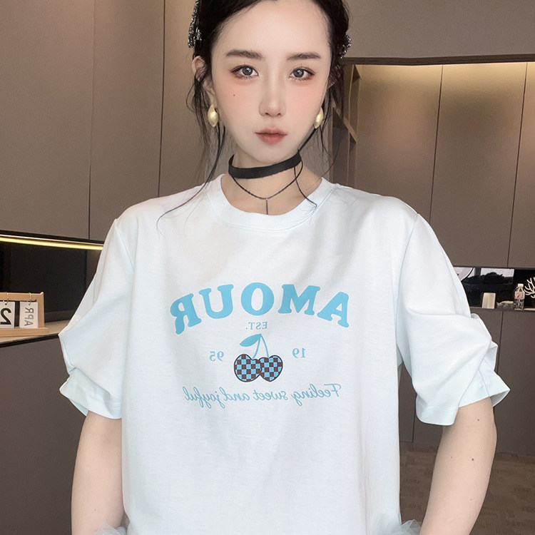 短袖T恤女2026春季新款网纱拼接下摆字母樱桃印花打底衫圆领上衣
