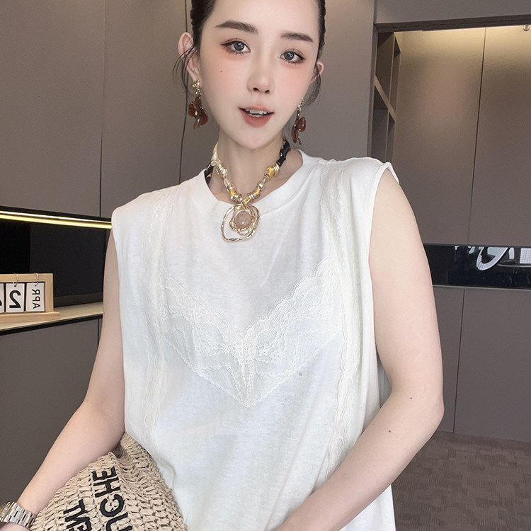 无袖连衣裙女2026夏季新款蕾丝钩花拼接网纱下摆背心裙圆领裙子